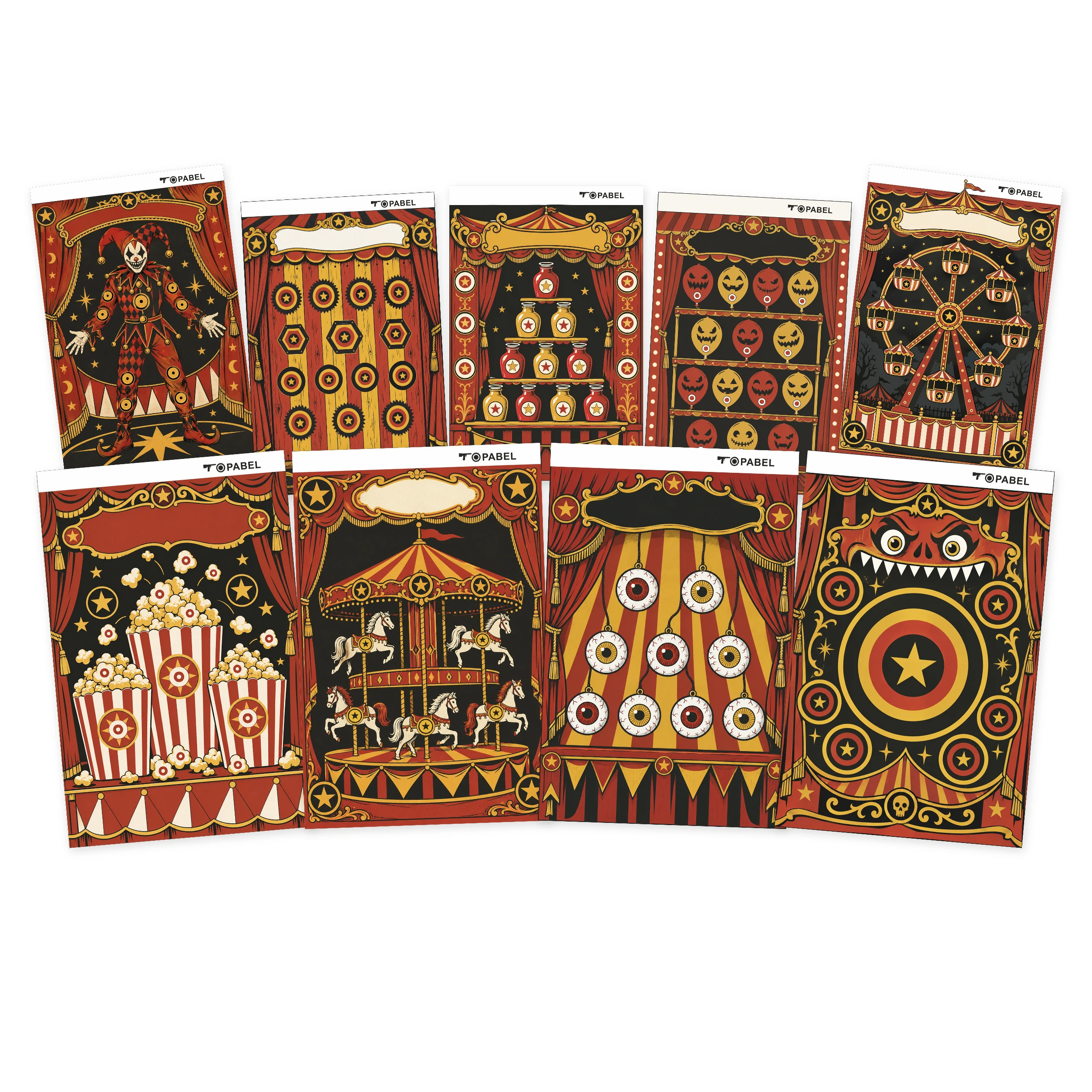 Halloween Circus Paper Targets in Custom Sizes - 9 Designs, 9 Sheets, 23 x 35 Inch