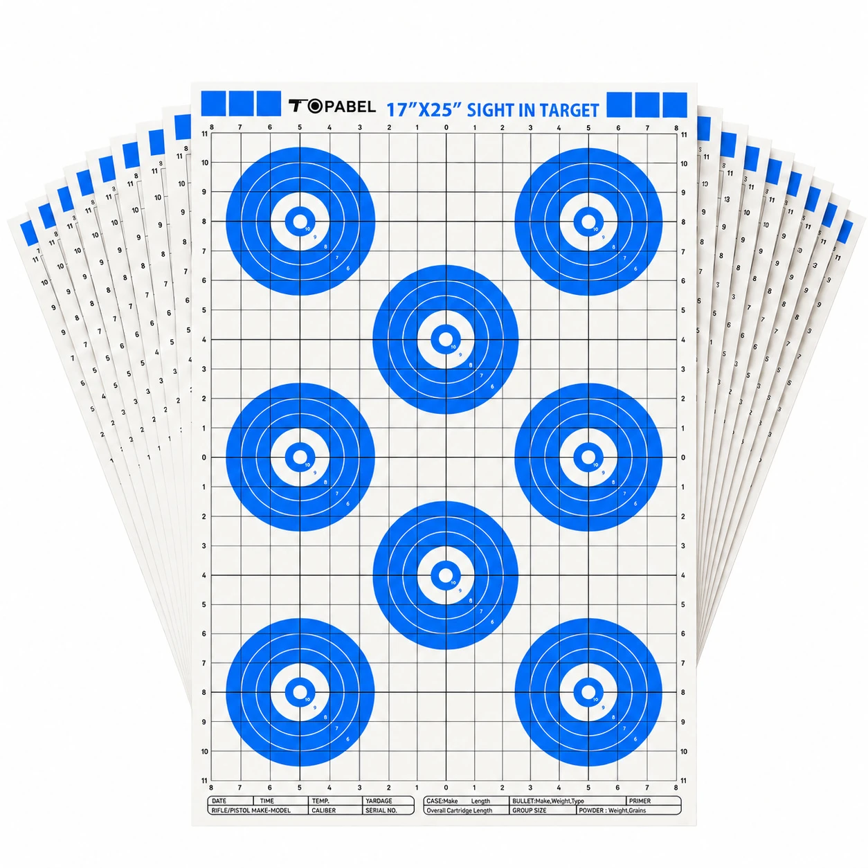 Eight-Bullseye Scope Zeroing Paper Targets for OEM Projects, 17 x 25 Inch with Recording Form