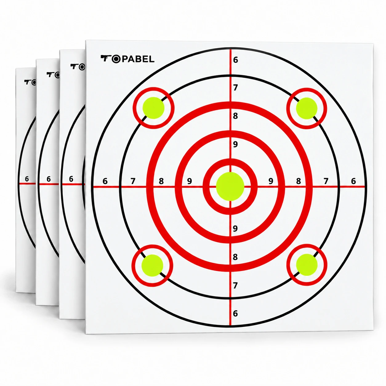 Custom Printed Five-Bullseye Paper Shooting Targets in Neon Red and Yellow, 10 Inch, 50 Sheets